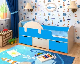 Кровать Малыш-мини с бортиком Дуб молочный/Голубой в Исилькуле - isilkul.katalogmebeli.com | фото