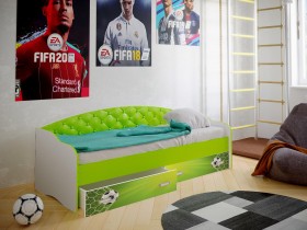 Кровать Софа-8 с мягкой спинкой фотопечать Футбол (900х2000) Белый/Лайм в Исилькуле - isilkul.katalogmebeli.com | фото